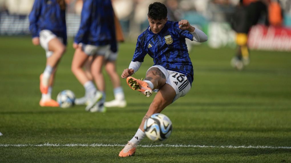 Argentina's Lorena Benitez warms up prior to the Women's World Cup Group G soccer match between Argentina and South Africa in Dunedin, New Zealand, July 28, 2023. (AP Photo/Alessandra Tarantino, File)