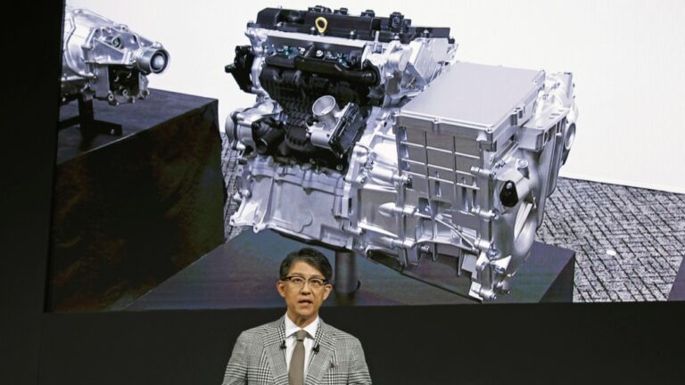 Koji Sato, chief executive of Toyota Motor Corp., speaks during a news conference in Tokyo, May 28, 2024. (Kyodo News via AP)
