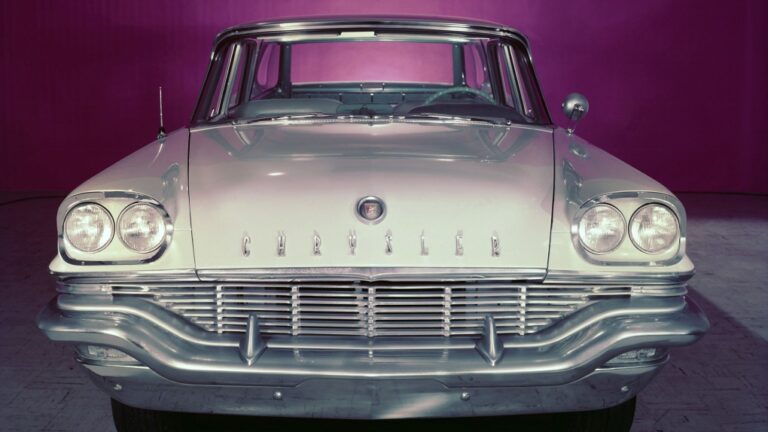 Cars like this 1957 Chrysler New Yorker marked chrome's high point in American auto design. (Courtesy Stellantis via CNN Newsource)