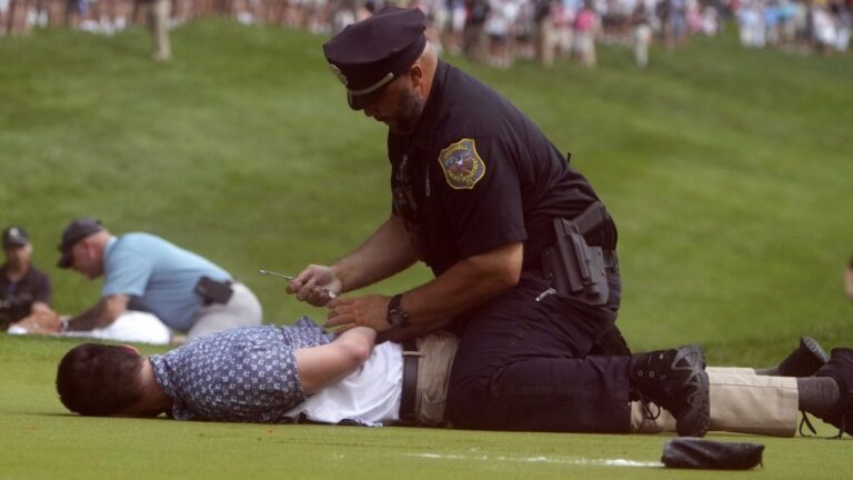 Protesters are taken into custody after they ran onto the course on the 18th hole during the final round of the Travelers Championship golf tournament at TPC River Highlands. (Seth Wenig/AP Photo)