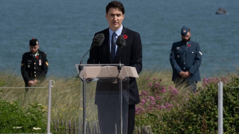 Prime Minister Justin Trudeau speaks at Juno Beach, Thursday, June 6, 2024 in Courselles-sur-Mer., France., during the Canadian National Ceremony commemorating the 80th anniversary of D-Day and the Battle of Normandy. (Adrian Wyld/The Canadian Press)