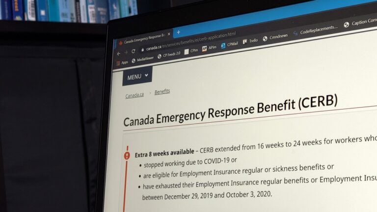 The landing page for the Canada Emergency Response Benefit is seen in Toronto, Monday, Aug. 10, 2020. THE CANADIAN PRESS/Giordano Ciampini