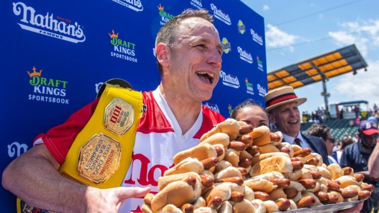 Joey Chestnut poses for photos in Coney Island's Maimonides Park, July 4, 2021, in the Brooklyn borough of New York. (AP Photo/Brittainy Newman, File)