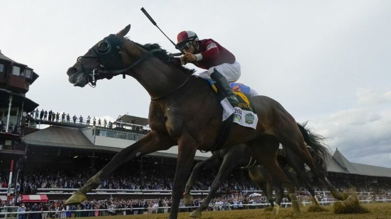 Dornoch, with Luis Saez up, crosses the finish line to win the 156th running of the Belmont Stakes horse race, Saturday, June 8, 2024, in Saratoga Springs, N.Y. (Seth Wenig/AP Photo)