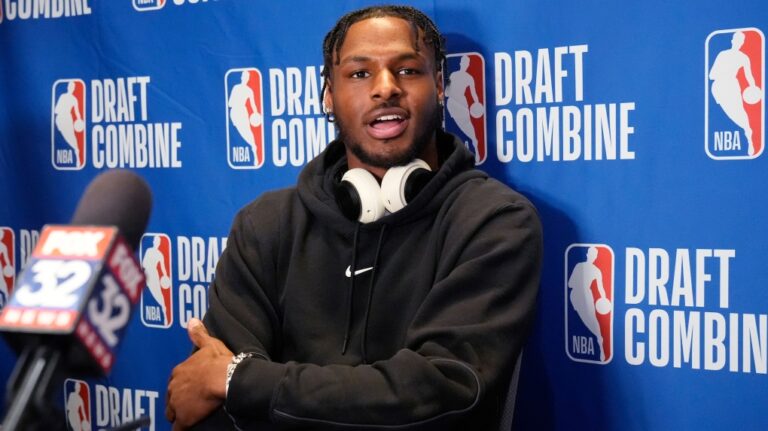 Bronny James talks to media during the 2024 NBA basketball Draft Combine in Chicago, Tuesday, May 14, 2024. (Nam Y. Huh / AP Photo)
