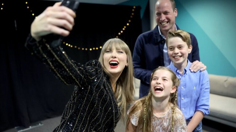 Prince William shared a photo of himself, Prince George, Princess Charlotte and Taylor Swift backstage at Swift’s concert in London on June 21. (Prince and Princess of Wales/Instagram via CNN Newsource)