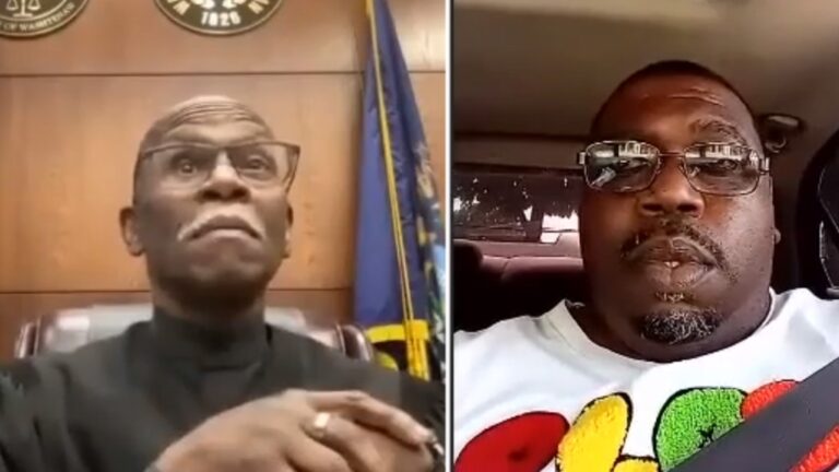 This composite image from a court video shows defendant Corey Harris and Judge Cedric Simpson on May 15, 2024. (Source: Honorable Judge Cedric Simpson via Storyful)
