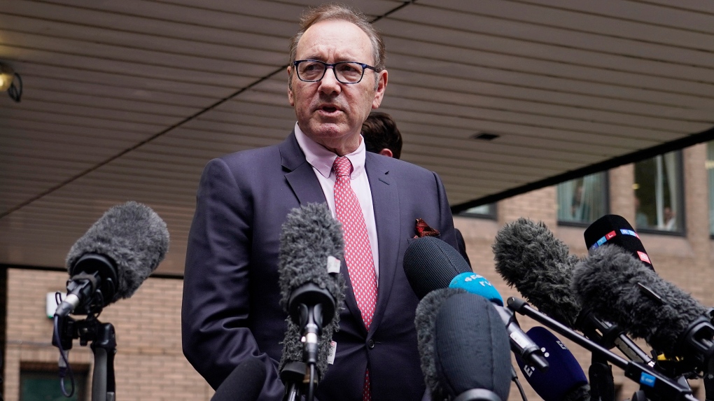 Actor Kevin Spacey addresses the media outside Southwark Crown Court in London, Wednesday, July 26, 2023. (Alberto Pezzali / AP Photo)
