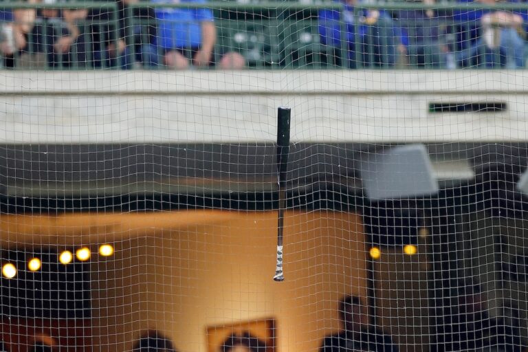 La batte de Vladimir Guerrero Jr. reste coincée dans un filet de protection pendant deux manches