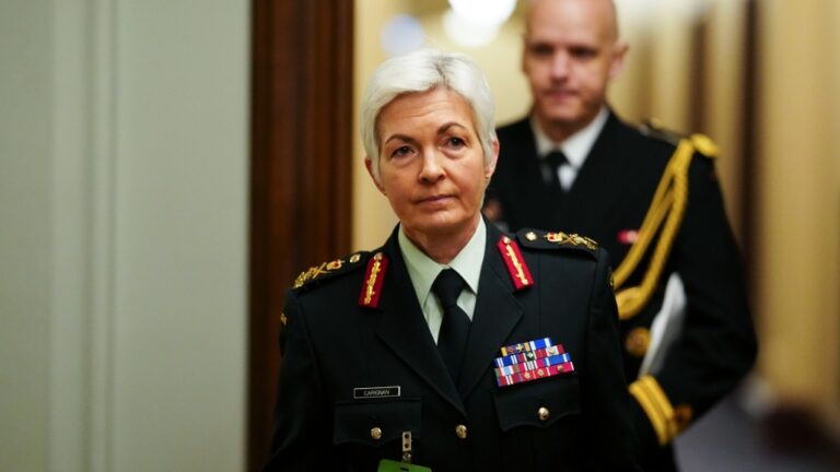 Lt.-Gen. Jennie Carignan arrives at the Prime Minister's office on Parliament Hill in Ottawa, Jan. 30, 2024. THE CANADIAN PRESS/Sean Kilpatrick