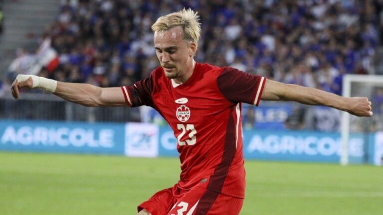 Canada's Liam Millar controls the ball during the international friendly soccer match between France and Canada on June 9, 2024. (Yohan Bonnet/AP Photo)