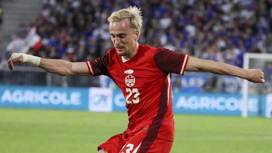 Canada's Liam Millar controls the ball during the international friendly soccer match between France and Canada on June 9, 2024. (Yohan Bonnet/AP Photo)