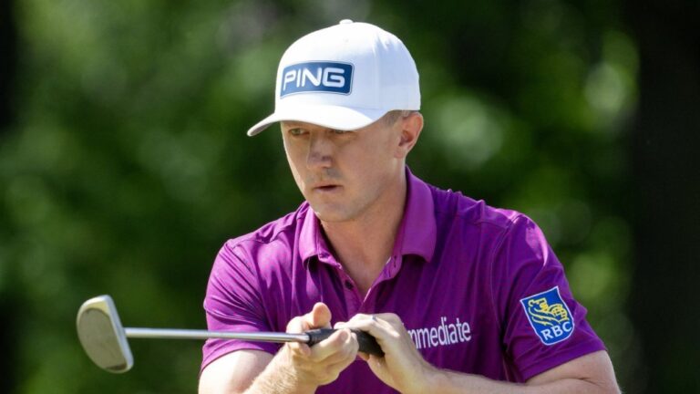 Mackenzie Hughes lines up his putt at the 2024 RBC Canadian Open. (Frank Gunn/The Canadian Press)