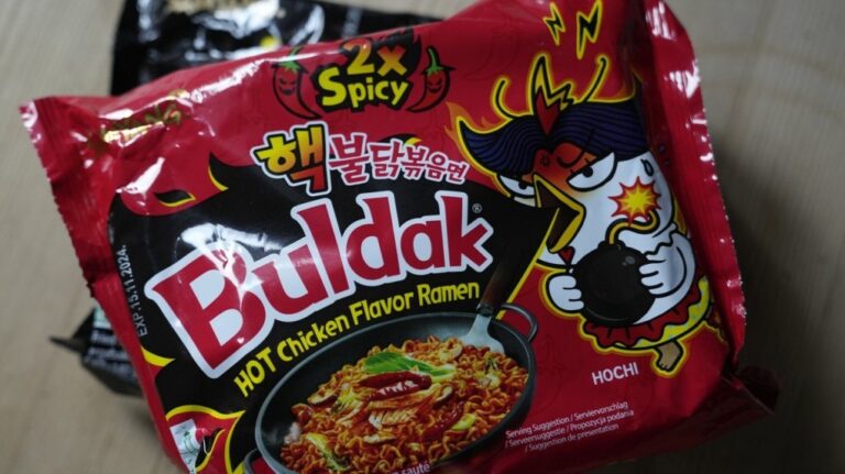 Two packets of Samyang noodles are pictured in London, Wednesday, June 12, 2024. (AP Photo)