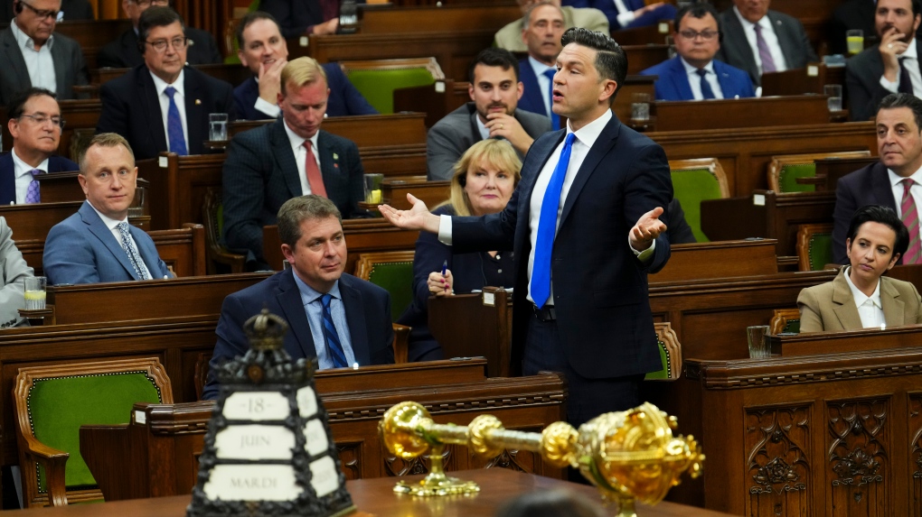 Conservative Leader Pierre Poilievre asks a question during question period in House of Commons on Parliament Hill in Ottawa on Tuesday, June 18, 2024. THE CANADIAN PRESS/Sean Kilpatrick