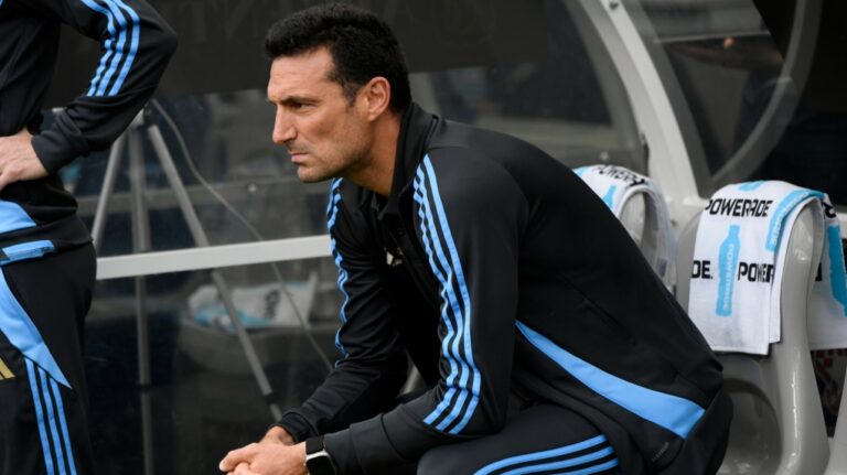 Argentina head coach Lionel Scaloni looks on from the bench before an international friendly soccer match against Ecuador, Sunday, June 9, 2024, in Chicago. Argentina won 1-0. (Paul Beaty / AP Photo)