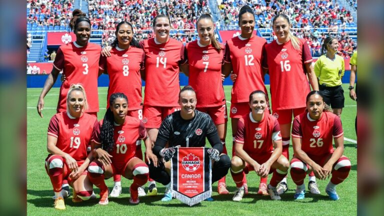 Canada pose for a team photo prior to first half international soccer action against Mexico in Montreal on June 1, 2024. (Graham Hughes / The Canadian Press)