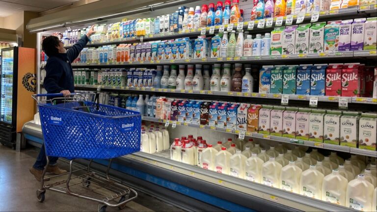 A customer shops for milk at a grocery store in December 2023 in San Anselmo, Calif. (Justin Sullivan/Getty Images via CNN Newsource)