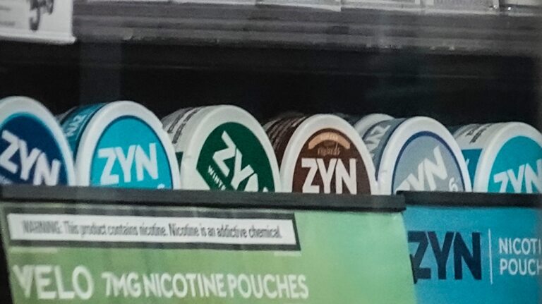 Containers of Zyn, a Phillip Morris smokeless nicotine pouch, are displayed for sale among other nicotine and tobacco products at a newsstand Friday, Feb. 23, 2024, in New York. (Bebeto Matthews / The Associated Press)
