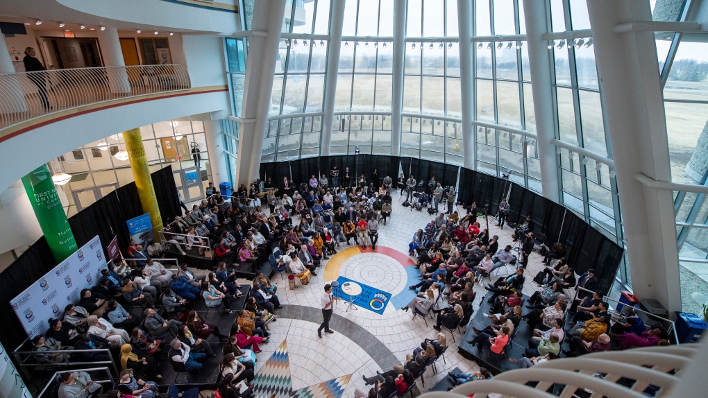 Prime Minister Justin Trudeau speaks at a town hall at the First Nations University of Canada in Regina, Thursday, April 13, 2023. THE CANADIAN PRESS/Liam Richards