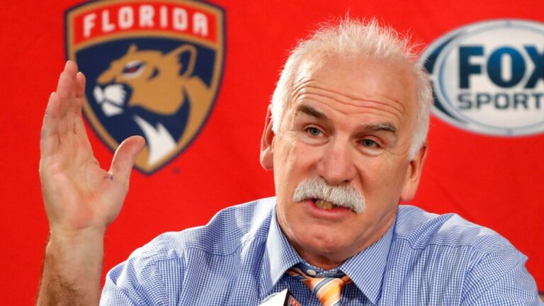 Florida Panthers head coach and former Chicago Blackhawks coach Joel Quenneville responds to a question during his first visit back to Chicago as a head coach before an NHL hockey game between the Blackhawks and the Panthers, Jan. 21, 2020. (AP Photo/Charles Rex Arbogast, File)