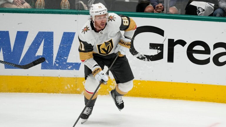 FILE - Vegas Golden Knights' Jonathan Marchessault controls the puck in Game 5 of an NHL hockey Stanley Cup first-round playoff series against the Dallas Stars in Dallas, May 1, 2024. Hundreds of millions of dollars will be committed to free agents, including a strong crop of forwards led by longtime Tampa Bay captain Steven Stamkos, three-time Stanley Cup champion Patrick Kane and 2023 playoff MVP Marchessault. (AP Photo/Tony Gutierrez, File)
