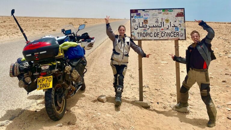 The couple, known as 'Lavi and Ollie,' hadn't ever traveled by motorbike before they set off in 2022. (Oliver Gamblin via CNN Newsource)