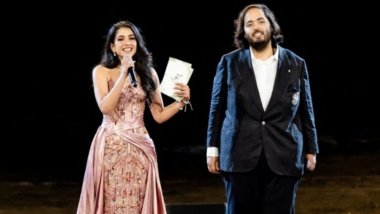 Anant Ambani and Radhika Merchant are pictured at their pre-wedding celebrations in Jamnagar, Gujarat, India on March 1. (Reliance Industries / Handout / Reuters via CNN Newsource)