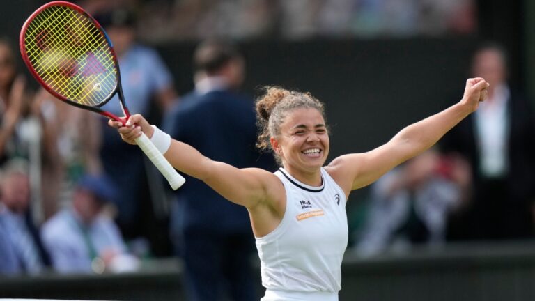 Jasmine Paolini of Italy celebrates after defeating Donna Vekic of Croatia in their semifinal match at the Wimbledon tennis championships in London, Thursday, July 11, 2024. (Mosa'ab Elshamy / AP Photo)