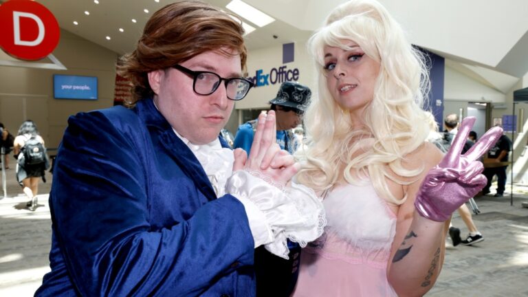 Konnor Heredia, left, of Hayward, Calif., dressed as Austin Powers, and Marina Becker, from Sacramento, Calif., dressed as a Fembot, attend Comic-Con International on Thursday, July 20, 2023, in San Diego. (Photo by Christy Radecic / Invision / AP)
