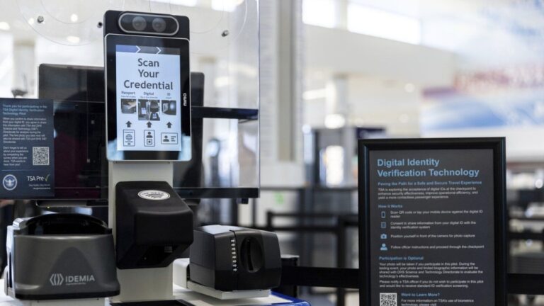 Transportation Security Administration's new facial recognition technology at a Baltimore-Washington International Thurgood Marshall Airport security checkpoint, Wednesday, April 26, 2023, in Glen Burnie, Md. THE CANADIAN PRESS/AP-Julia Nikhinson
