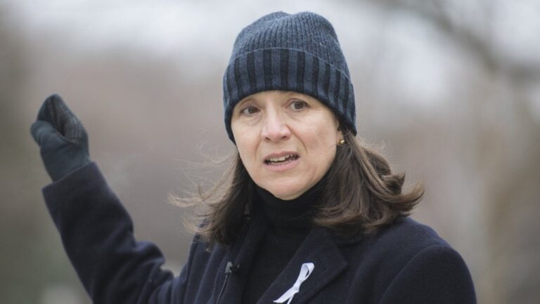 Nathalie Provost, a survivor of the Ecole Polytechnique shooting in 1989 speaks during an event in Montreal, Sunday, Dec. 6, 2020. THE CANADIAN PRESS/Graham Hughes