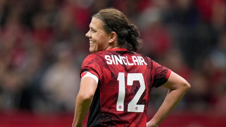 Canada's Christine Sinclair smiles during the first half of an international friendly soccer match against Australia, in Vancouver, on Tuesday, December 5, 2023. (Darryl Dyck / The Canadian Press)