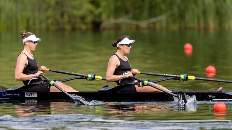 Brooke Francis, left, and Lucy Spoors of New Zealand compete in the Women's Double Sculls semi final on the second day of the 2024 World Rowing Cup at Rotsee, in Lucerne, Switzerland, Saturday, May 25, 2024. (Philipp Schmidli/Keystone via AP, File)