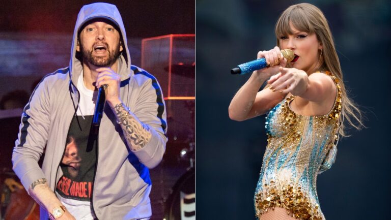 Eminem performs at the Bonnaroo Music and Arts Festival on June 9, 2018, left, and Taylor Swift performs at Wembley Stadium in London as part of her Eras Tour on June 21, 2024. (AP Photo)
