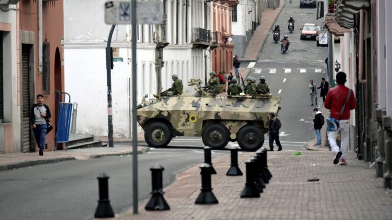 Ecuadorean security forces on patrol after Ecuadorean President Daniel Noboa declared the country in a state of "internal armed conflict" in January. (Rodrigo Buendia / AFP)