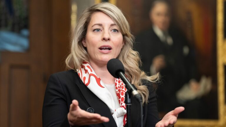 Minister of Foreign Affairs Melanie Joly speaks with reporters in the Foyer of the House of Commons before Question Period, Tuesday, May 21, 2024 in Ottawa. THE CANADIAN PRESS/Adrian Wyld