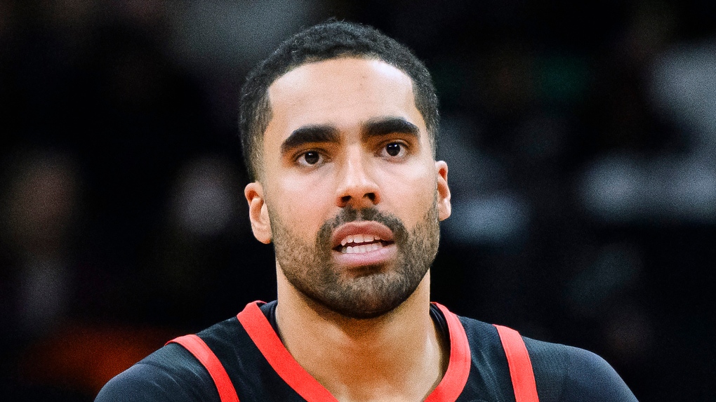 Toronto Raptors forward Jontay Porter lookson during the first half of the team's NBA basketball game against the Chicago Bulls, Jan. 18, 2024, in Toronto. (Christopher Katsarov/The Canadian Press via AP, File)