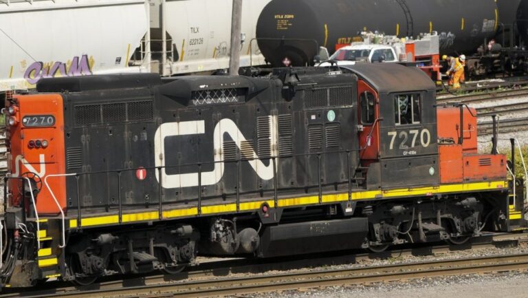 CN rail trains are shown at the CN MacMillan Yard in Vaughan, Ont., on June 20, 2022. (Nathan Denette/The Canadian Press)