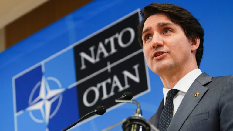 Prime Minister Justin Trudeau holds a press conference at NATO headquarters in Brussels, Belgium on Thursday, March 24, 2022. (Sean Kilpatrick / The Canadian Press)