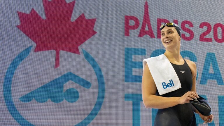 Penny Oleksiak reacts after winning the women's 50m freestyle at the Canadian Olympic Swim Trials in Toronto on May 19, 2024. (Frank Gunn / The Canadian Press)