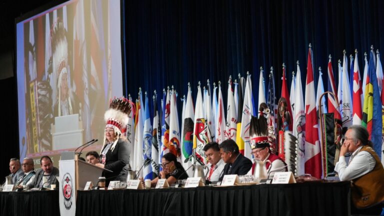 National Chief Cindy Woodhouse Nepinak gives her opening address at the Assembly of First Nations annual general assembly in Montreal, July 9, 2024. THE CANADIAN PRESS/Christinne Muschi