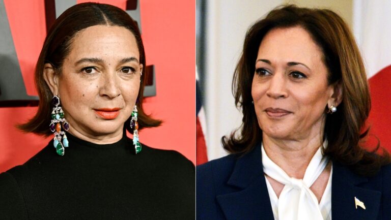 Maya Rudolph appears at the Time100 Gala in New York on April 25, 2024, left, and Vice President Kamala Harris appears at a luncheon for Japanese Prime Minister Fumio Kishida at the State Department in Washington on April 11, 2024. (AP Photo)