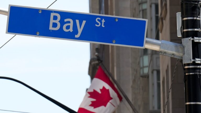 A Canadian flag flies in the Bay Street financial district in Toronto, Aug. 5, 2022. THE CANADIAN PRESS/Nathan Denette