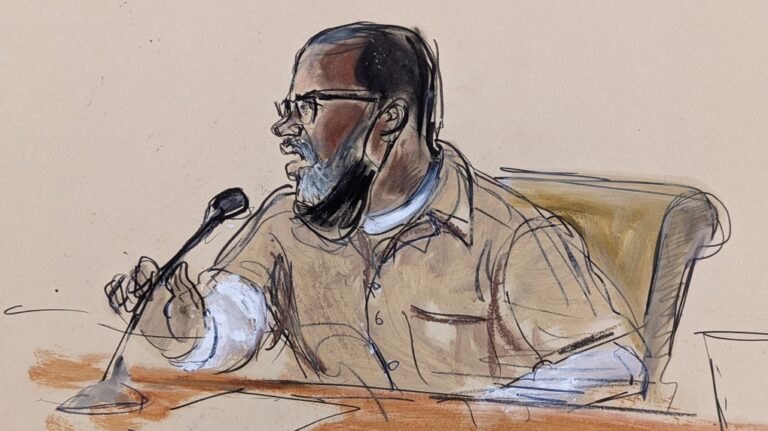 FILE - In this courtroom sketch, R. Kelly briefly addresses Judge Ann Donnelly during his sentencing in federal court, June 29, 2022, in New York. (AP Photo/Elizabeth Williams, File)