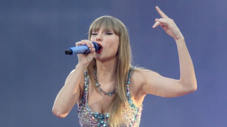 Taylor Swift performs at San Siro stadium in Milan, Italy, for her Eras Tour concert, Saturday, July 13, 2024. (Claudio Furlan//LaPresse via AP)