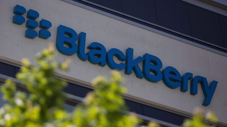 The Blackberry logo located in the front of the company's B building in Waterloo, Ont. on Tuesday, May 29, 2018. (Andrew Ryan / The Canadian Press)