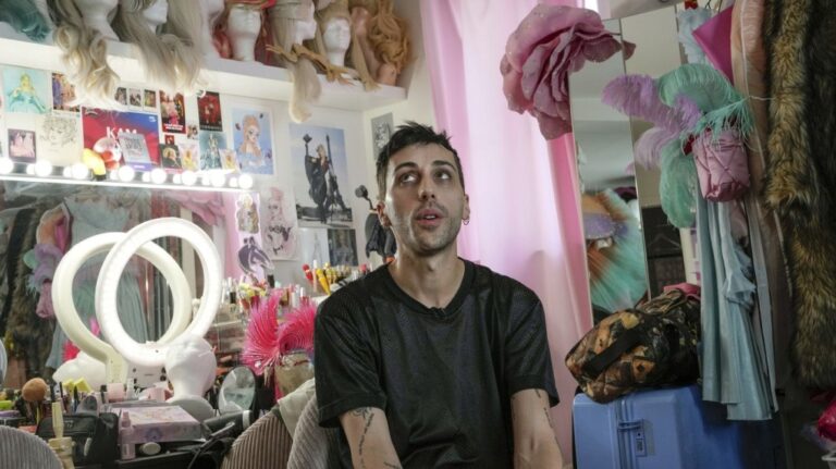 Hugo Bardin who performs as the drag queen Paloma speaks, during an interview with The Associated Press in Paris, France, Wednesday, July 31, 2024. (AP Photo/Michel Euler)