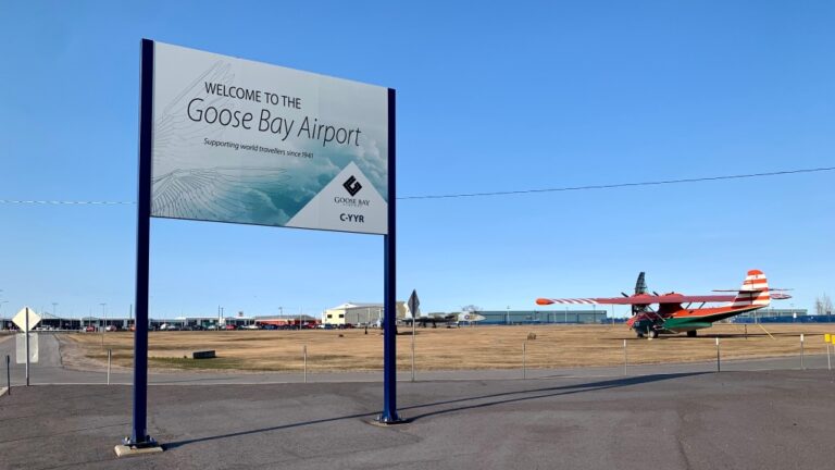 A sign for the Goose Bay Airport is shown in Happy Valley-Goose Bay, N.L. in a May 11, 2023 photo. (Sarah Smillie/The Canadian Press)