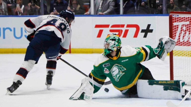 London Knights goalie Michael Simpson stops a shot by Saginaw Spirit's Alex Christopoulos during Memorial Cup hockey action in Saginaw, Mich., on May 29, 2024. (Duane Burleson/The Canadian Press)